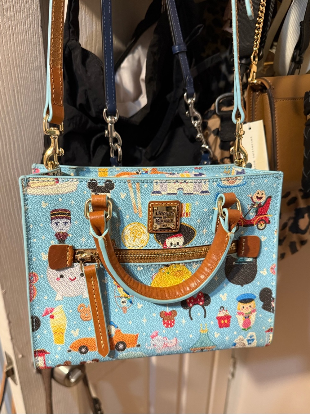 Dooney & Bourke Light Blue Disney Icon Print Small Satchel with Tan Trim